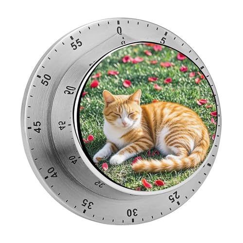 Küchentimer mit Katze und Blütenblättern, Küchentimer mit lautem Alarm, mechanischer Schreibtisch-Timer, magnetisch, Countdown-Timer, Edelstahl, Countdown-Timer von LHDGSJE