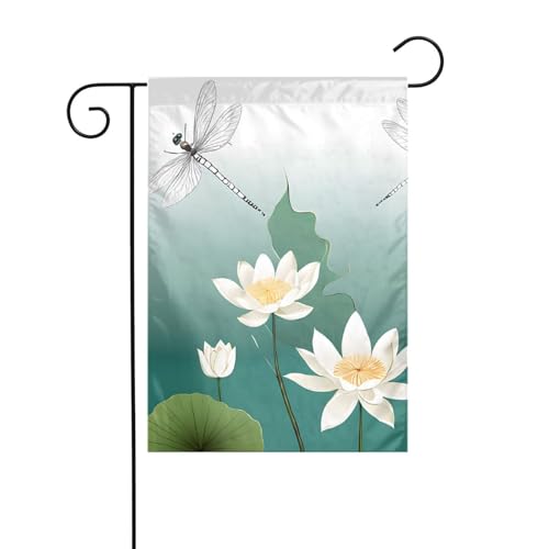 Dekorative Gartenflagge, 30 x 45 cm, doppelseitige saisonale Outdoor-Hofflagge, für Urlaub, Bauernhaus, Heimdekoration (Libelle mit Seerose) von LHFIOHIRG