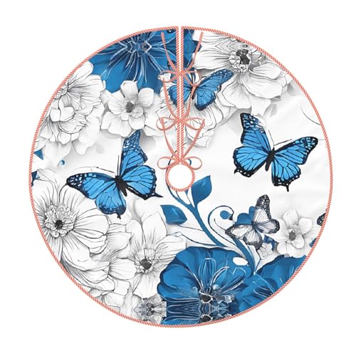 Weihnachtsbaumdecke (blaue Schmetterlinge, weiße Blumen) 76,2 cm, großer Weihnachtsbaumteppich, runde Baummatte, Urlaubsdekoration für Zuhause, Büro von LHFIOHIRG