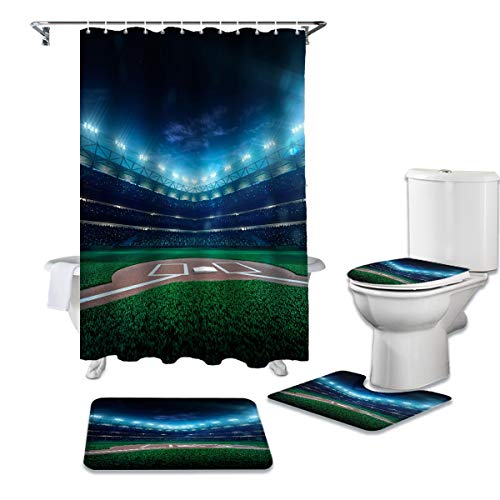 LHGBGBLN 4-teiliges Duschvorhangset Baseballstadion Spiel grünes Gras Toilettendeckel Bad Anti-Rutsch-Matte Türmatte wasserdichter Badvorhang von LHGBGBLN
