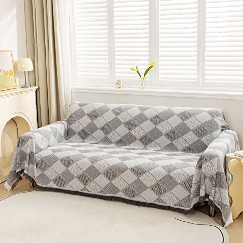 LHGOGO Rautenmuster Sofaüberwurf Decke Umkehrbare XXL großer Couch Überwurf Sofa Cover dekorativer Sofabezug Sofadecken zum Abdecken Tagesdecke mit Quasten - Hellgrau, 180x300cm von LHGOGO