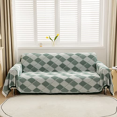 LHGOGO Rautenmuster Sofaüberwurf Decke Umkehrbare großer Couch Überwurf Sofa Cover dekorativer Sofabezug Sofadecken zum Abdecken Tagesdecke mit Quasten - Grün, 180x230cm von LHGOGO