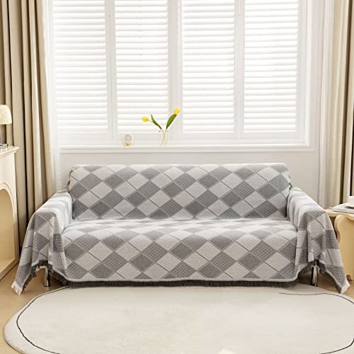 LHGOGO Rautenmuster Sofaüberwurf Decke Umkehrbare großer Couch Überwurf Sofa Cover dekorativer Sofabezug Sofadecken zum Abdecken Tagesdecke mit Quasten - Hellgrau, 180x230cm von LHGOGO