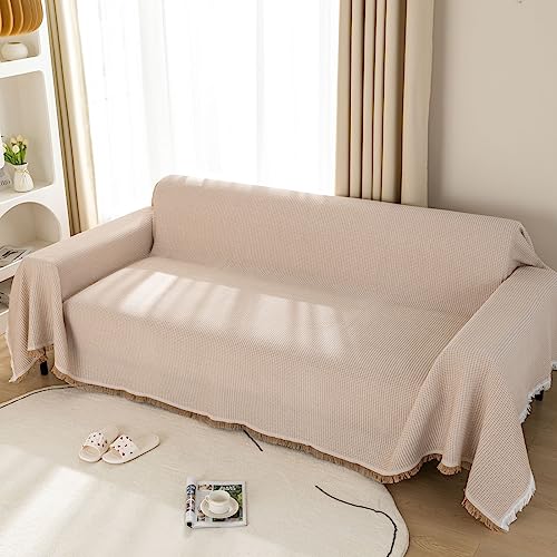 LHGOGO Waffel Sofa Überwurfdecke 180x300cm Große 3 Sitzer Sofaüberwurf Vielseitige Wohndecke als Sofadecke, Couch Überwürf, Sofa Überzug und Tagesdecke mit Deko Quasten - Beige von LHGOGO