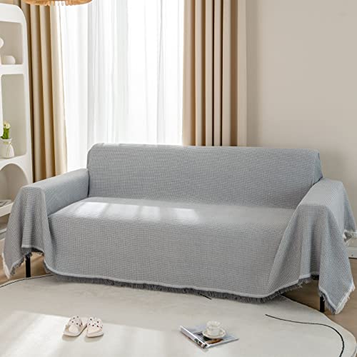 LHGOGO Waffel Sofa Überwurfdecke 180x230cm Große 2 Sitzer Sofaüberwurf Vielseitige Wohndecke als Sofadecke, Couch Überwürf, Sofa Überzug und Tagesdecke mit Deko Quasten - Hellgrau von LHGOGO