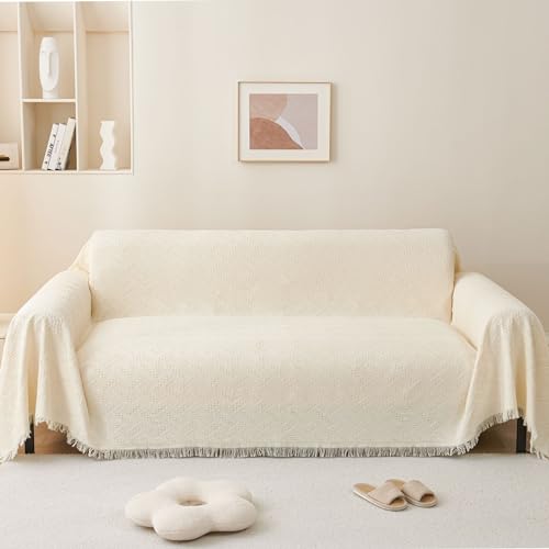 LHGOGO Sofaüberwurf Decke mit Fransen - 180x230cm Doppelseitig Überwurf Sofa 2 Sitzer Gewebtes Muster Decke als Tagesdecke, Sofa Überzug, Sofadecke - Creme von LHGOGO