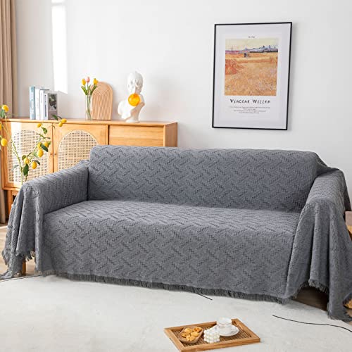 LHGOGO Sofadecke Sofa Überwurfdecke für Sofa Große Kuscheldecke Baumwolle Sofaüberwurf mit Fransen, Doppelseitig Couch Überwurf Sofa Vielseitige Decke für Sofa Groß 3-Sitzer 180x300cm - Grau von LHGOGO