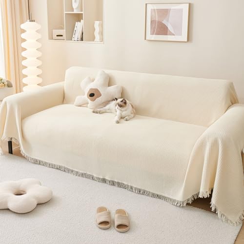 LHGOGO Waffel Muster Sofa Decke mit Fransen - 180x340cm Doppelseitig Sofaüberwurf Decke 3 Sitzer Groß Decke als Couch Überwurf, Sofa Cover, Sofa Überzug - Creme von LHGOGO