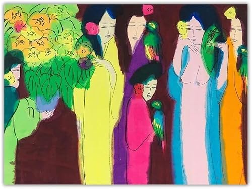 LHHJF LJHFA Walasse Ting Frauen und Papageien Poster Abstrakte Wandkunst Walasse Ting Drucke Bunte Leinwandmalerei Für Wohnkultur Bild 40x60cmx1 Kein Rahmen von LHHJF LJHFA