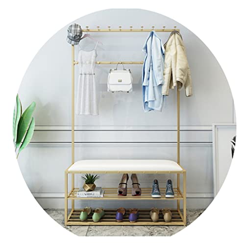 LHHL Garderobenständer Eisenkunst Mit Sitzbank Kleiderständer Mit Kleiderhaken Und Schuhregal Garderobe Mit 2 Gitterwand Viel Stauraum Flur Schlafzimmer (Color : Gold B, Size : 60x30x170cm) von LHHL