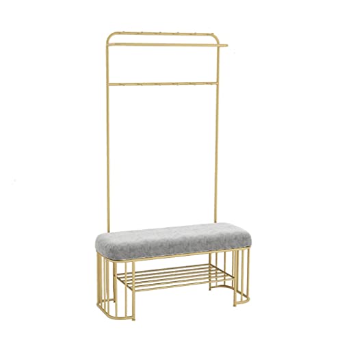 LHHL Garderobenständer Garderobe Mit Sitzbank Kleiderständer Mit Haken Und Schuhregal Hängestange Stabiles Metallgestell Flur Schlafzimmer (Color : Gold+Grey, Size : 60x37x180cm) von LHHL