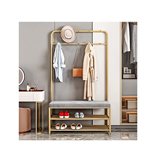 LHHL Garderobenständer Garderobe Schuhregal Mit Sitzfläche Eisenkunst Kleiderständer Mit Haken Sitzbank 2 Gitterablagen Viel Stauraum Flur Schlafzimmer (Color : Gold, Size : 100x32x175cm) von LHHL