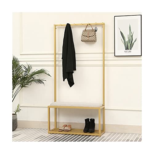 LHHL Garderobenständer Kleiderständer Metall Mit Sitzbank Schuhregal Ablagen Freistehende Garderobe Mit Haken Für Kleidung Hüte Handtaschen Regenschirm (Color : Gold+Grey, Size : 60x30x165cm) von LHHL