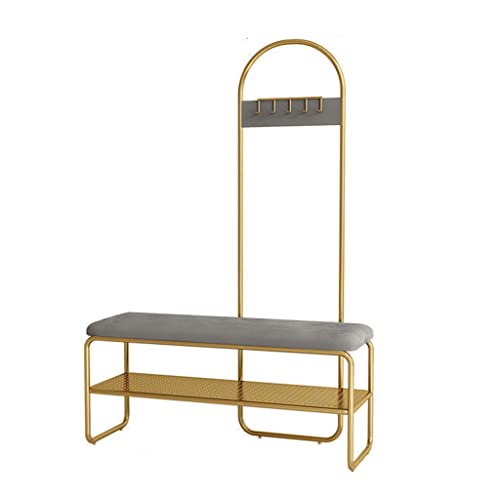 LHHL Garderobenständer Kleiderständer Mit Sitzbank Garderobe Mit Haken Schuhregal Für Kleine Wohnungen Flur Robustes Metallgestell Leicht Zusammenzubauen (Color : Gold+Grey, Size : 120x32x175cm) von LHHL