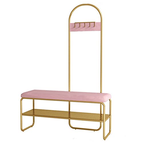 LHHL Garderobenständer Kleiderständer Mit Sitzbank Garderobe Mit Haken Schuhregal Für Kleine Wohnungen Flur Robustes Metallgestell Leicht Zusammenzubauen (Color : Gold+pink, Size : 120x32x175cm) von LHHL