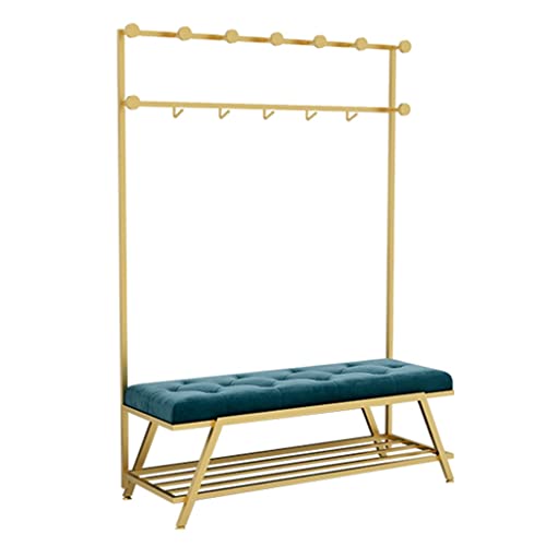 LHHL Garderobenständer Mit Sitzbank Garderobe Kleiderständer Mit Haken Und Schuhregal Flurregal Büro Schlafzimmer Stabiles Metallgestell Industrie-Design (Color : Blue A, Size : 120x35x175cm) von LHHL