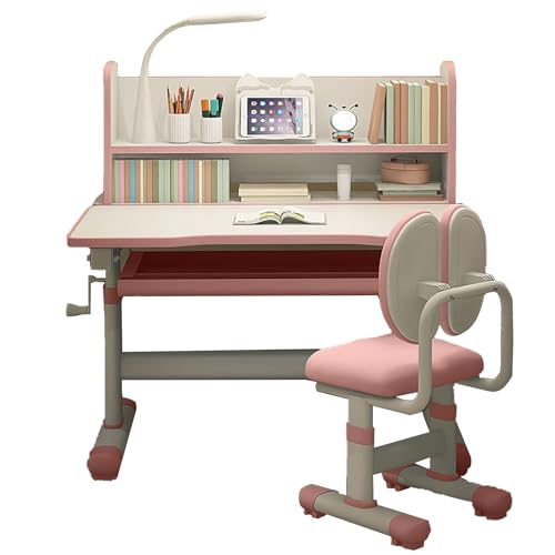 LHIUGE Kinder-Lerntisch, Schreibtisch, Tisch- und Stuhl-Set, Schultisch, Schüler-Lerntisch, Zeichentisch, Verstellbarer Kinder-Lerntisch mit beleuchtetem Bücherregal Pink von LHIUGE