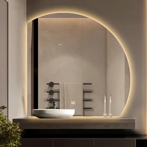 LHIUGE Moderner Badezimmerspiegel, wandmontierter Badezimmerspiegel mit Touch-Schalter, Halbrunder dekorativer Spiegel mit LED-Beleuchtung, speziell geformter Halbrunder beleuchteter Kosmetikspiegel von LHIUGE