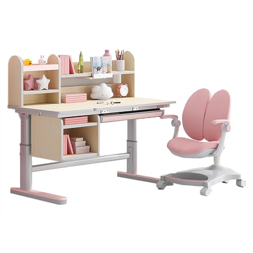 Multifunktionaler Lerntisch, Grundschulschreibtisch, Schulschreibtisch, verstellbares Schreibtisch- und Stuhlset, Lerntisch mit Leseständer, Stiftablage und großer Schublade 112*60*90cm Pink von LHIUGE
