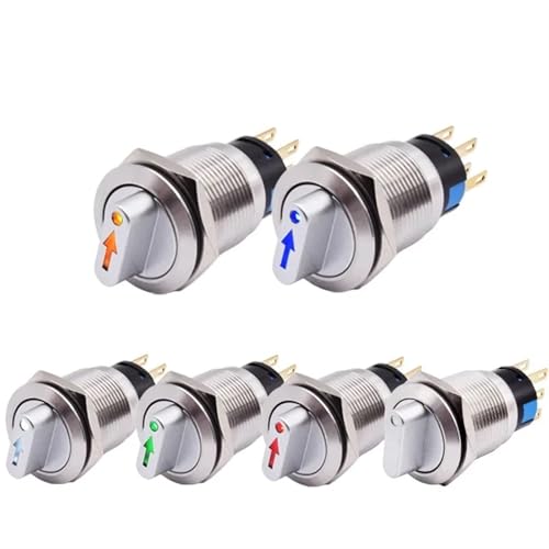 19mm 2/3 Position Metall Wahlschalter Drehtaster Rastend SPDT 12V 220V LED Edelstahl EIN AUS Knebelschalter 1NO 1NC 5St(Yellow,3P 2NO2NC_110-220V LED) von LHKQHRDL