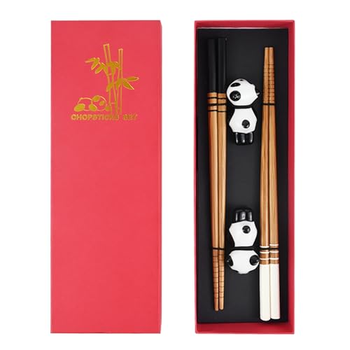 LHOEST 2 Paar Sushi Essstäbchen Set Katze Panda, Chinesische Japanisch Koreanisch Stäbchen Holz, Chopsticks zum Essen SpüLmaschinenfest Mit Keramik-Unterleger Cat (Panda) von LHOEST