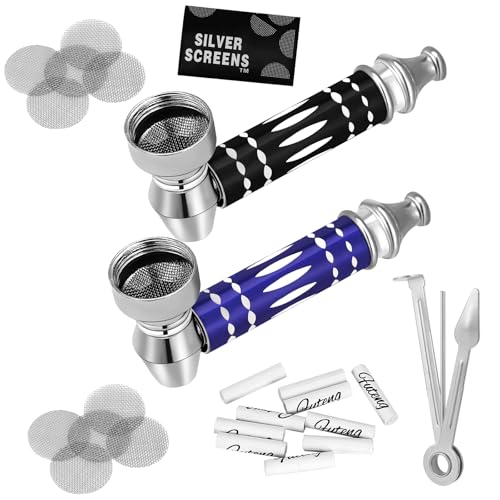LHOEST 2 Stück Pfeifen Set, Metal Pipe Purpfeife, Tragbare Pfeifenhalter mit 10 Edelstahlsiebfiltern, 10 x 6mm Aktivkohlefilter und Pfeifenstopfer, Metallpfeifen Rauchen von Tabakwaren von LHOEST