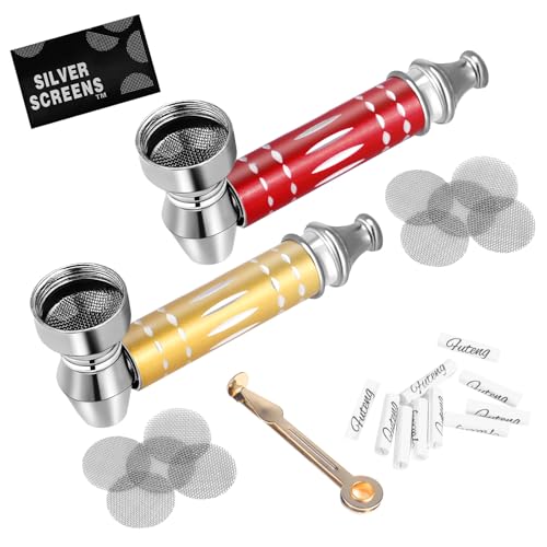 LHOEST 2 Stück Pfeifen Set, Metal Pipe Purpfeife, Tragbare Pfeifenhalter mit 10 Edelstahlsiebfiltern, 10 x 6mm Aktivkohlefilter und Pfeifenstopfer, Metallpfeifen Rauchen von Tabakwaren von LHOEST