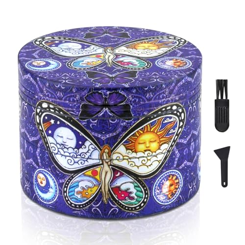 LHOEST Grinder Große Crusher, 63 mm Gewürzmühle mit Scraper und Plastikbürste, Grinder 4 Schichten Baum Design, Pollen grinder Metall 4 Teiliges Set für Spice Gewürze (Lila Schmetterling) von LHOEST