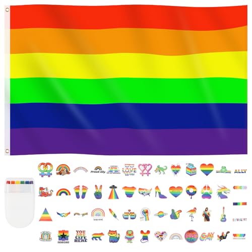 Pride Flag Sticker Set 52 Stück Lgbtq Flagge Groß Regenbogen Flagge 150x90 CM Regenbogenfahne Aufkleber Regenbogen Schminkstift Accessoires Lgbtq Sticker Regenbogenflagge Pride Flagge mit Messingösen von LHOEST