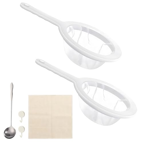 LHOEST Sieb Fein mit Griff, 2 Stück 200/400 Mesh Passiersieb Extra Fein mit Passiertuch, Rundlöffel und Haken, Küchensieb Kunststoff Nylon Feines Sieb Küche Klein für Saft Milch Kaffee von LHOEST