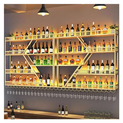 Modernes Weinlagerregal zur Wandmontage mit LED-Licht und Weinglashalter, 3-stufiges schwebendes Regal für Spirituosen, Ausstellungsaufbewahrung, Bar-Likörflaschen-Ausstellungsregal für die Dekoratio von LHQYA