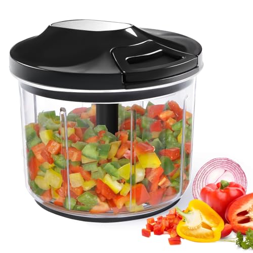 LHS Manuelle Küchenmaschine, Gemüseschneider, Zugschnur, Knoblauchwolf, Zwiebelschneider für Gemüse, Salat, Obst, Nüsse (1000 ml, schwarz) von LHS
