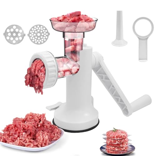 LHS Manueller Fleischwolf, robuster Fleischwolf, Wurstfüller, Handmühle mit Edelstahl-Klingen für Fleisch, Wurst, leicht zu reinigen (2-in-1, weiß) von LHS