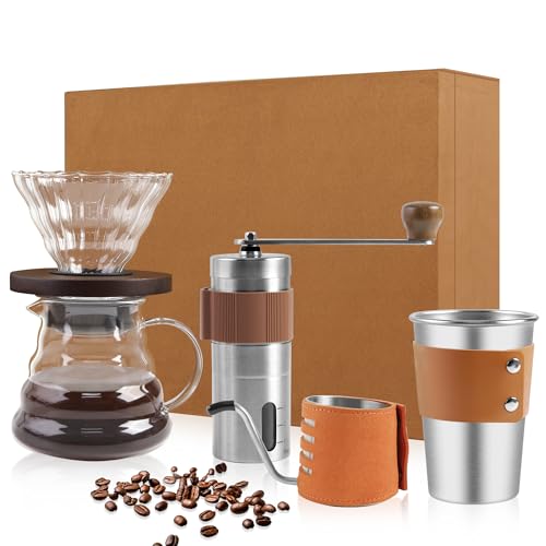 LHS Pour Over Kaffeebereiter-Set – 4-teiliges Set mit Schwanenhals-Wasserkocher, abnehmbarer Kaffeemühle, 500 ml Tasse und Kaffee-Tropfer mit Deckel, perfekt für Heimbrauen und Reisen von LHS