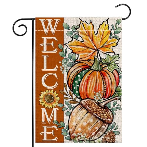 LHSION Welcome Fall Kürbis Gartenflagge Ahornblatt Tannenzapfen dekorative Haus Hof doppelseitige Flagge für Herbst Outdoor Dekoration (32,5 x 45,7 cm) von LHSION