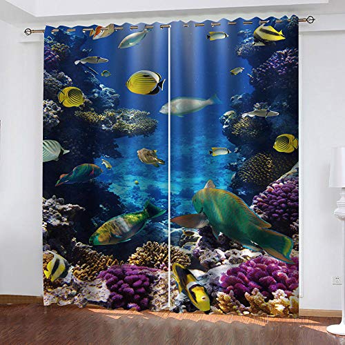 LHUTY Gardine Verdunklungsgardine Unterwasser & Fisch 3D Fenstervorhänge Schlafzimmer Blickdicht Schlafzimmer Vorhang Gardinen 2er Set Ösen Größe: 2 x B132 x H240 cm von LHUTY