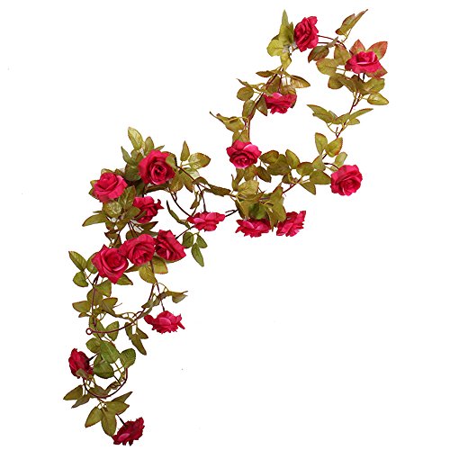 Packung mit 3 Girlanden aus künstlichen Rosenranken mit grünen Blättern, 160 cm, zum Dekorieren zu Hause und bei einer Hochzeit. 17rose-red von LI HUA CAT
