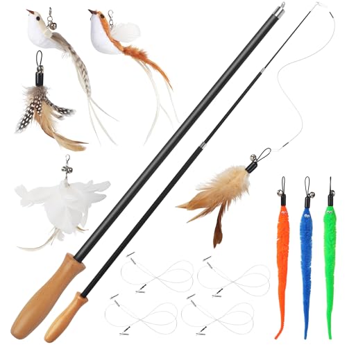 14 Stück Katzenspielzeug, Katzen Spielzeug Set mit 2 Langen Katzenengel, 4 Angelschnüren, 2 Vogel, 3 Federn und 3 Würm. 42-110CM Cat Toys Stabil, Interaktives Katzenspielzeug mit Glöckchen von LIAILA