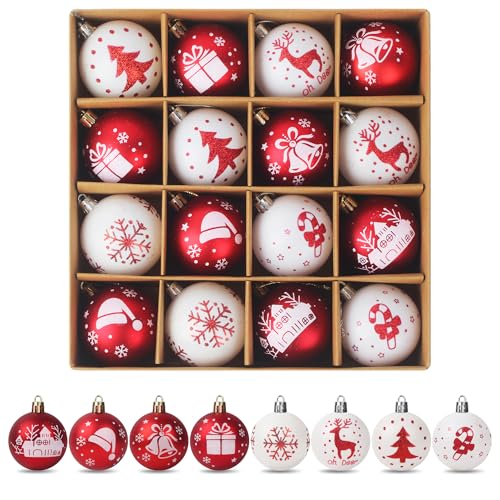 16 Stück Weihnachtskugeln Rot Weiß, 6cm Christbaumkugeln Kunststoff Set, Weihnachtsbaumschmuck mit Aufhänger Bruchsicher, Geeignet für die Weihnachtsbaumdekoration im Innen- und Außenbereich 16 Stück Weihnachtskugeln Rot Weiß, 6cm Christbaumkugeln Kunststoff Set, Weihnachtsbaumschmuck mit Aufhänger Bruchsicher, Geeignet für die Weihnachtsbaumdekoration im Innen- und Außenbereich von LIAILA