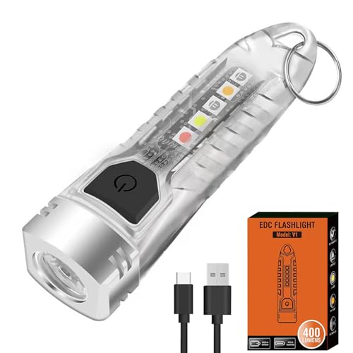 LIAISIMI Mini Taschenlampe 400 Lumen,Wiederaufladbare LED Schlüsselbund Taschenlampe mit Seitenlicht,12 Modi mit UV Rot Blau Gelb Seitenlicht,IPX6 (1 Pack Transparent weiß) von LIAISIMI