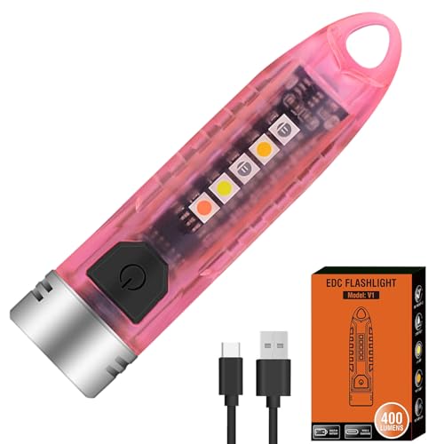 LIAISIMI Mini Taschenlampe 400 Lumen,Wiederaufladbare LED Schlüsselbund Taschenlampe mit Seitenlicht,12 Modi mit UV Rot Blau Gelb Seitenlicht,IPX6 (1 Pack Transparentes Pulver) von LIAISIMI