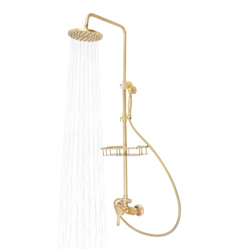 Duschsystem Antik Messing Duscharmatur Set, 85-132CM Retro Gold Duschset mit Stauraum Rack, Regendusche Set mit Handbrause Kopf Duschsystem Antik Messing Duscharmatur Set, 85-132CM Retro Gold Duschset mit Stauraum Rack, Regendusche Set mit Handbrause Kopf von LIAIZE
