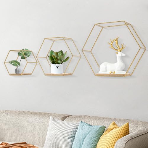 LIAIZE 3er-Set Hexagon Wandregal Hängeregal, Metall und Holz Sechseckige Wandregale, Dekorative Hängeregale Loft-Regal Wand Wandaufbewahrung Organizer (Gold) von LIAIZE