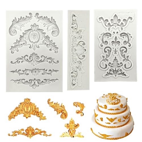 LIANCHEN 3 Pcs Antike Silikonformen Fondant Formen Silikon 3D Barock Vintage Silikonform retro relief silikon fondant gießform barock-stil für Geburtstage, Bankette, Jubiläen, Kuchen (A) von LIANCHEN