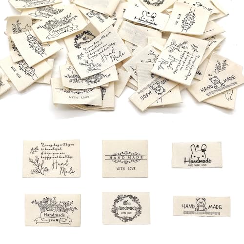 LIANCHEN 60 Pcs Handmade Label Zum Annähen Sprüche 6 Größen Stofflabel Groß Label Personalisiert zum Annähen Etykieta Tekstylna Handmade für Nähen, Kunsthandwerk, Stricken(Beige) von LIANCHEN