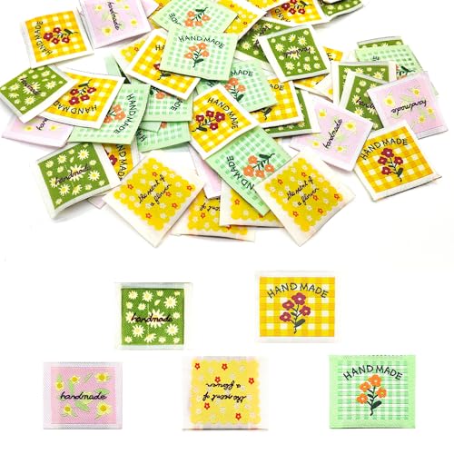 LIANCHEN 60 Pcs Einnähen Textiletiketten 6 Größen Handmade Textiletiketten Beige Stoff Label zum Annähen Webetiketten Handmade Label Nähen Labels für Nähen, Kunsthandwerk, Stricken (Farbig 2) von LIANCHEN
