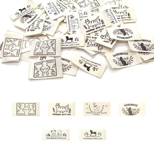 LIANCHEN 60 Pcs Stoff Labels Handmade Label zum Annähen Kleideretiketten Handmade Nähen Handgefertigtes Etikett Einnähen Textiletiketten Beige für Nähen, Kunsthandwerk, Stricken (Beige 2) von LIANCHEN