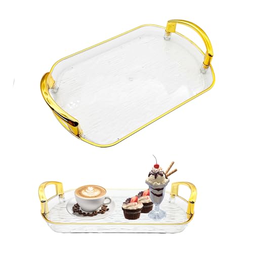 LIANCHEN Tablett mit Abdeckhaub Tablett mit Haube Bäckerei aus Acryl Rechteckiges Serviertablett Lebensmittelschale für Brot, Obst, Speisen (Transparent+Gold) von LIANCHEN