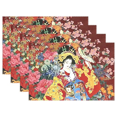 LIANCHENYI Japanische Geisha Mädchen mit Blumen Hitzebeständige Platzdeckchen Polyester Tischset Platzset für Küche Esszimmer 1 Stück von LIANCHENYI