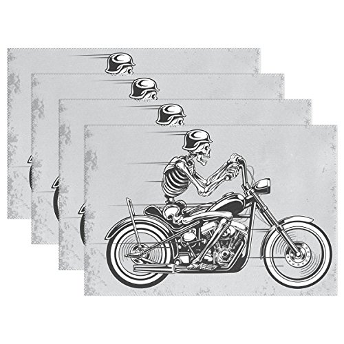 LIANCHENYI Skelett Reitsport Motorrad Totenkopf Hitzebeständige Tischsets Polyester Tischmatte Platzset für Küche Esszimmer 1 Stück, Polyester, Multi, 12x18x1 in von LIANCHENYI